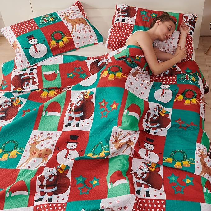 Christmas Bedding Set King Size Christmas Quilt Bedspread Holiday Xmas Bedding Plaid Patchwork Rustic Lodge Cabin Snowman Santa Claus Festival Decor Lightweight Reversible Bedspread Coverlet Red
