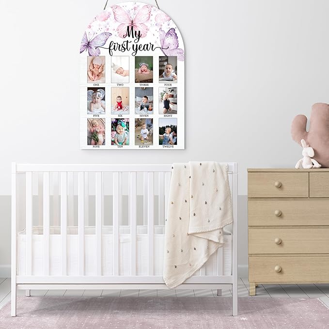 My First Year Photo Board, Butterfly Baby Milestone Signs, 12 Months Wooden Picture Frame, Nursery Gender Neutral Gifts for Girl Boy, Best Gifts for 1st Birthday Baby Shower Decorations-A01