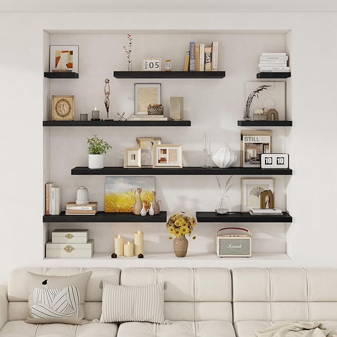 Fun Memories Deep Floating Shelves, 36" W x 12" D Wood Floating Shelves for Wall, 2 Pack Extra Deeper & Thicker Wall Mounted Storage Shelf for Living Room Laundry Room Kitchen Home Office, Black