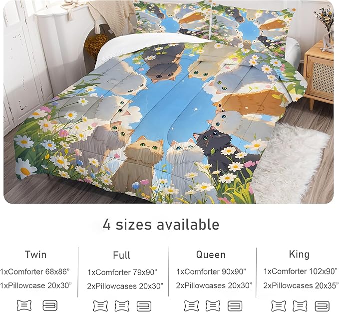 Floral Cat Comforter Set: Full Size Kawaii Cats Bedding Set Blue Sky Daisy Kitten Quilt for Teen Girls Women Kids Cartoon Flowers Feline Cute Bed Sets 3 Piece