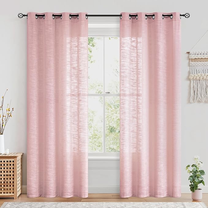 FMFUNCTEX Linen Semi Sheer Curtains for Bedroom, Blush Pink Curtains 63 Inch Length for Living Room, Country Farmhouse Sheer Drapes, Light Filtering Window Curtain, Grommet Top 2 Panels