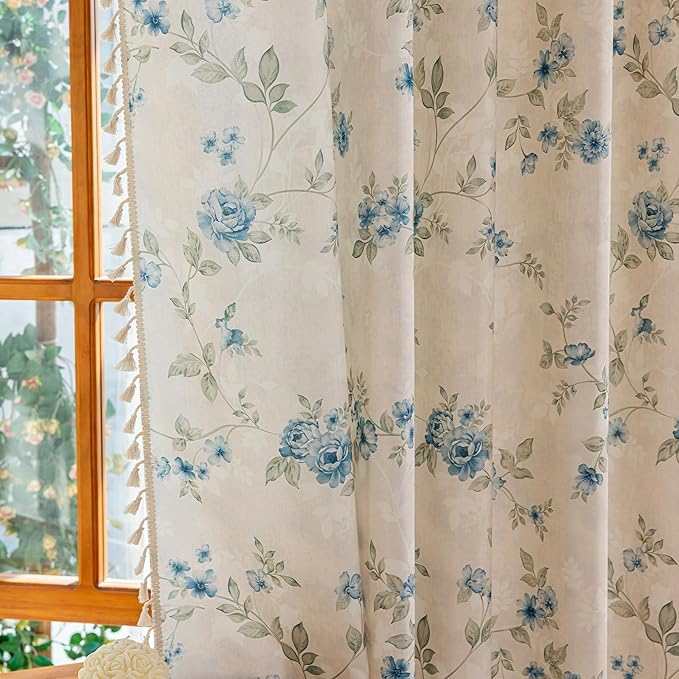 ENJOYBRIDAL Blue Floral Curtains 84 Inch Long Bedroom Cute Drapes Rod Pocket Boho Semi Sheer Rustic Window Curtain Panels Floor Length Living Room Farmhouse 2 Panels Vintage Window Treatments
