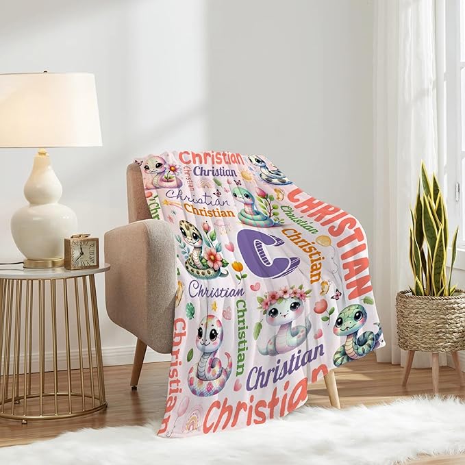 Personalized Custom Snake Blanket Gifts for Kids Boys Girls with Name - Customized Snake Super Soft Lightweight Flannel Sheets Decor for Crib Nap Couch - 50"x60" for Teens