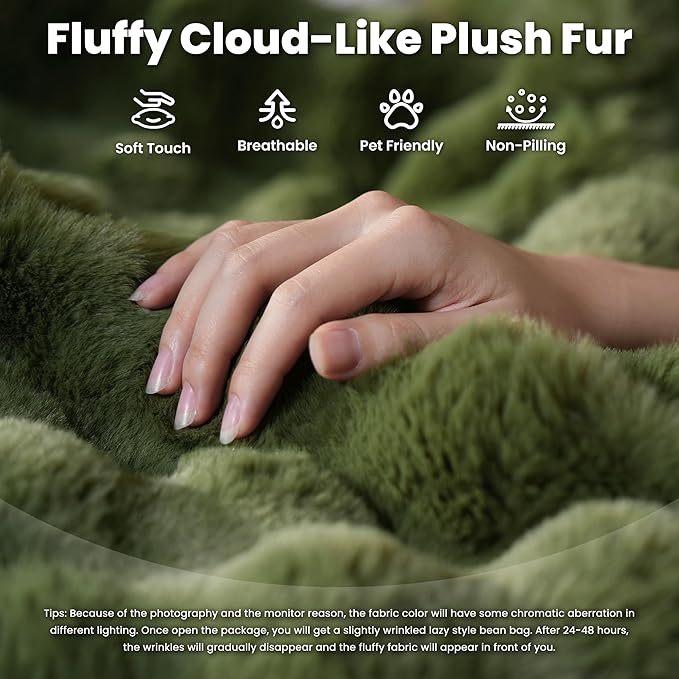 ovios Bean Bag Chair for Adult, Giant Beanbag with Plush Faux Fur, Comfy Large Big Lounger Floor Lazy Chair for Indoor Fireside Living Room Bedroom Dorm, Green