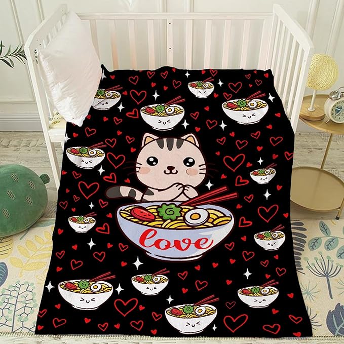 Thuswarm Kawaii Ramen Cat Red Heart Love Flannel Throw Blanket Warm Cozy Soft Funny Print Blankets for Bed Couch Sofa Room Decoration Gifts 40"×30" XSmall for Pets