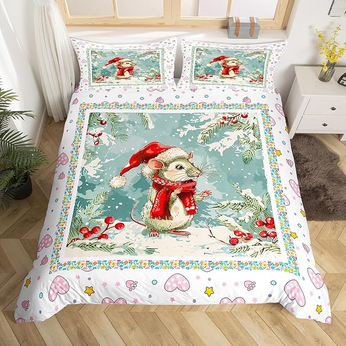 Feelyou Christmas Bedding Set Xmas Tree Snowflake Duvet Cover for Kids Boys Girls Cartoon Mouse Love Print Comforter Cover Cute Animal Bedspread Cover Bedroom Collection 2Pcs Twin Size,No Comforter