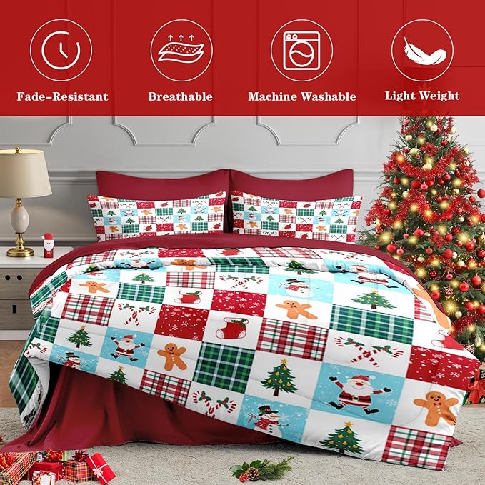 7 Pcs Queen Size Christmas Comforter Set with 2 Pillowcases & 2 Shams, Colorful Plaid Snowman Bedding for Kids and Adults, Cute Gingerbread Man Bed in a Bag with Flat Fitted Sheet