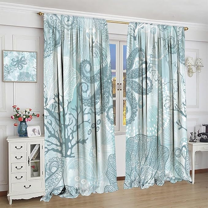 Coastal Window Curtains,Nautical Beach Themed Thermal Insulating Decor Curtain for Living Room, Bedroom Set 2 Panels,42x45 Inches