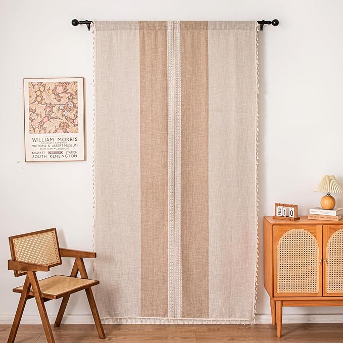 Deeprove Boho Curtains 63 Inches Length for Bedroom Kitchen Closet, Stripes Embroidery Weighted, Bohemian Farmhouse Window Treatment Drape Tassels, 1 Panel W52 x L63, Khaki and Coffee