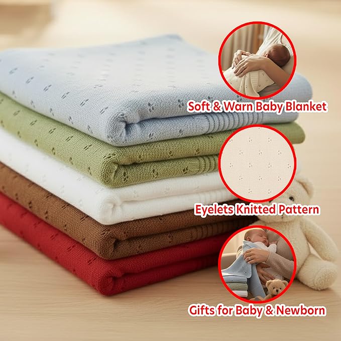 Baby Knit Blanket, 100% Cotton Eyelet Patterns, Soft, Cozy, Lightweight Swaddle for Newborn & Infant Swaddling Beige Neutral, Perfect Baby Shower Ideas Cream 30x30
