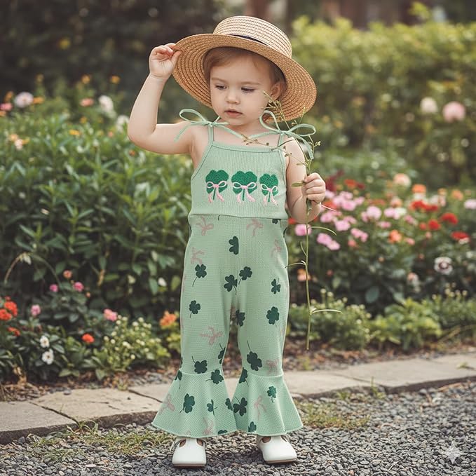 Toddler Baby Girl Valentines Day Outfit Love Sleeveless Tie-up Suspender Romper Bell Bottom Pants Spring Jumpsuit
