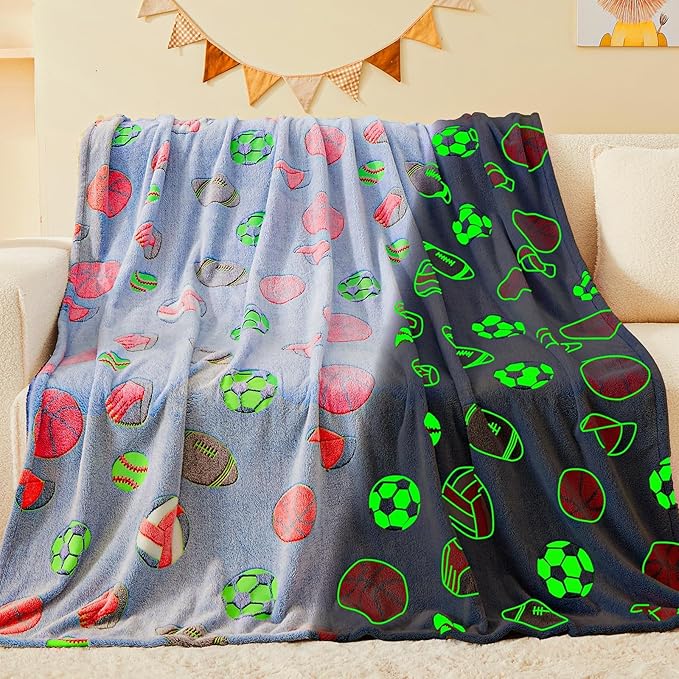 inhand Soccer Glow in The Dark Blanket Blanket Blue Soccer Gift Toys for Boys Girls Teen Soft Cozy Kids Throw Blanket Bedroom Decor,Christmas Easter Birthday Blue 30"x40"
