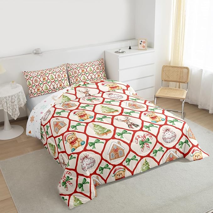 Merry Christmas Kids Comforter Set Queen Size,Kawaii Bowknot Xmas Bear Bedding Set,Room Decor,Pine Tree Geometric Lattice Quilt Comforter,Beige Red Green Duvet Set Bedroom Quilt Set,2 Pillowcases