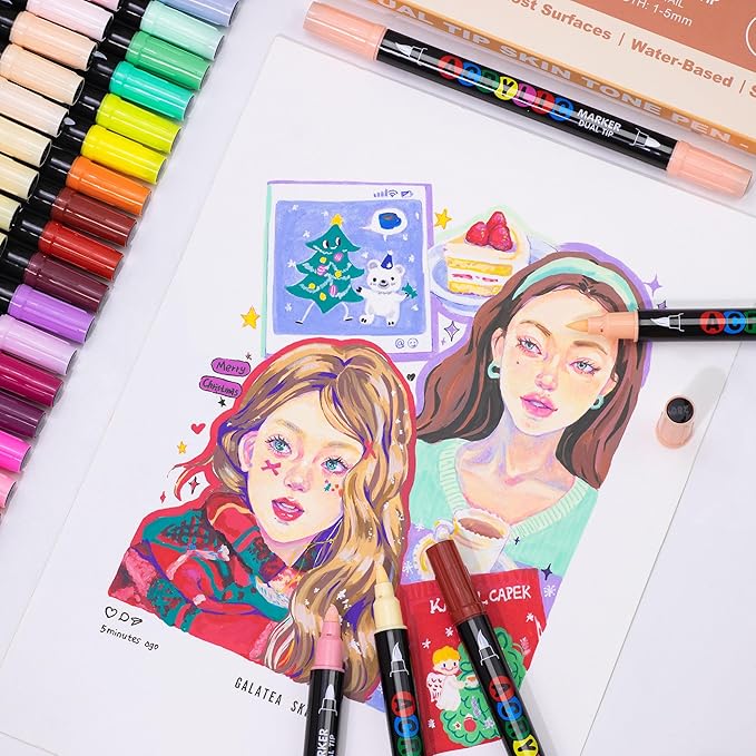24 Colors Dual Tip Art Markers with Fine & Soft Brush Acrylic Paint Pens Lighter Skin Tone for Paper, Rock Painting, Wood Sign, Drawing for Adult Waterproof