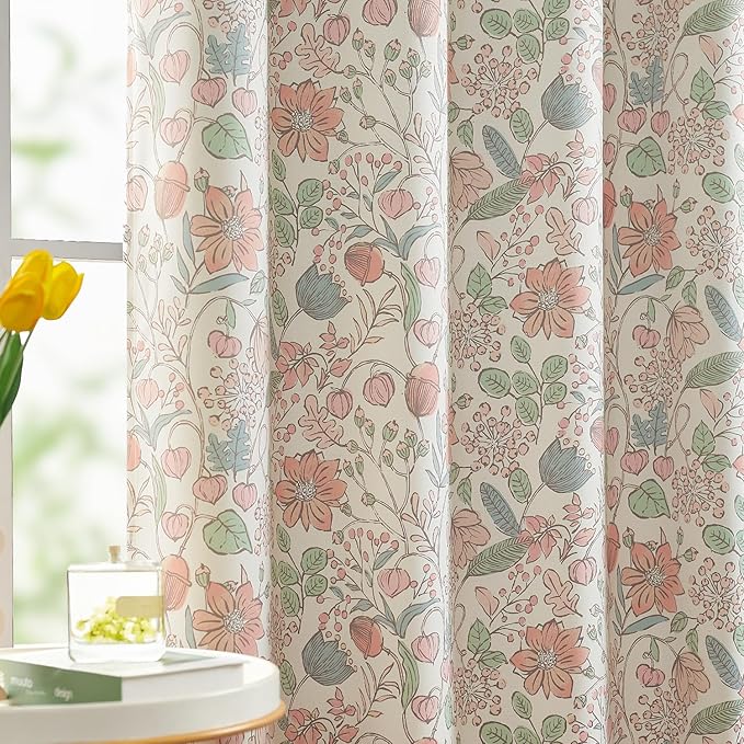 jinchan Nursery Curtains 95% Blackout Pink Floral Curtains for Girls Room, 84 Inch Length Farmhouse Drapes for Bedroom Living Room Darkening Window Treatment Grommet Top Set of 2 Panels