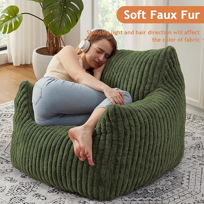 Giant Bean Bag Chairs for Adults with Filling Plush Fluffy Bean Bag Chairs for Teens with Armrests Comfy BeanBag Lazy Couch Sofa Chair for Bedroom Living Room Reading (Green, M-for Teens/Adults)