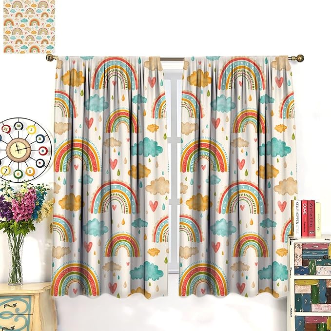 Boho Rainbow Curtains for Kids Nursery Colorful Floral Sun Star Clouds Pastel Bohemian Pattern Print Window Drapes for Girl Bedroom Living Room Kitchen Decor,2 Panel Set,72Wx63H Inch Blackout