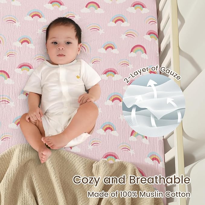 david's kids Muslin Crib Sheets for Girls, 2 Pack 100% Cotton Soft Breathable Fitted Baby Sheet Set, Standard 52"x28" Crib and Toddler Mattress, Rainbow