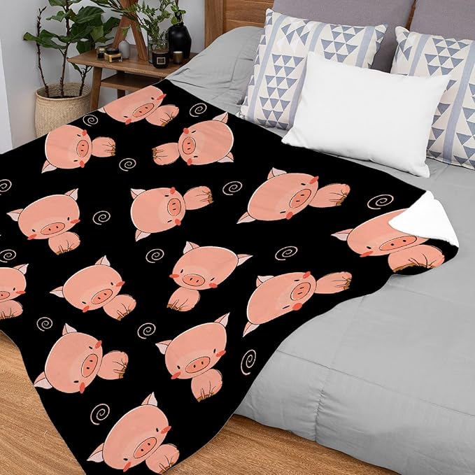 Thuswarm Cute Piggy Kawaii Pig Black Flannel Throw Blanket Warm Cozy Soft Funny Print Blankets for Bed Couch Sofa Room Decoration Gifts 80"×60" Large for Adult