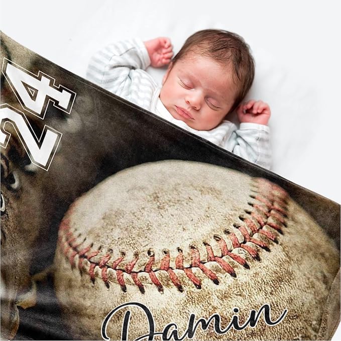 Personalized Baseball Blanket for Baby Boys and Girls - Soft and Fluffy Sport Blanket for Toddlers and Kids - Custom Name and Number Gift for Newborn(50"x60")