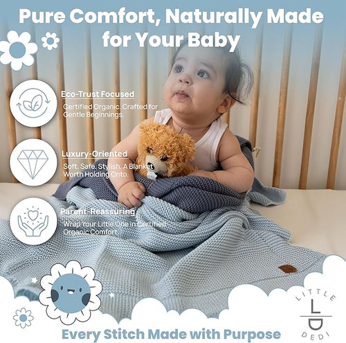 100% Organic Cotton Baby Knitted Blanket in Gift Box - Soft Toddler, Crib, Stroller Blanket - Neutral Swaddle and Receiving for Newborns, 30"x40", Baby Blue