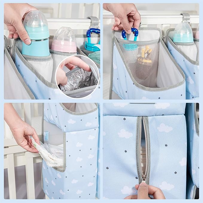 Orzbow 3-in-1 Hanging Diaper Organization Storage for Baby Essentials | Nursery Organizer and Baby Diaper Caddy | Hang on Crib, Changing Table or Wall, Blue