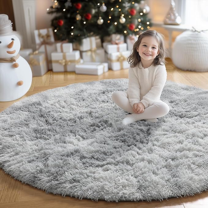 Amdrebio Tie-Dyed Light Grey Round Area Rug 4Ft for Bedroom Living Room, Soft Fluffy Circle Circular Rugs for Kids Room, Home Office Decor, Modern Floor Shag Fuzzy Farmhouse Gray Carpet for Teen Boys