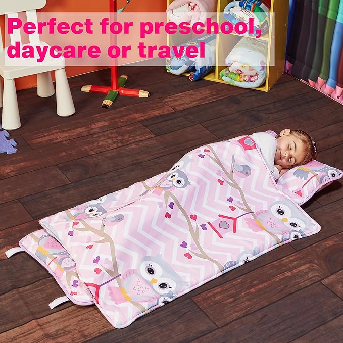 EVERYDAY KIDS Nap Mat with Removable Pillow - Carry Handle with Straps Closure, Rollup Design, Soft Microfiber for Preschool, Daycare, Travel Sleeping Bag - Sweet Owls - Ages 3-6 Years
