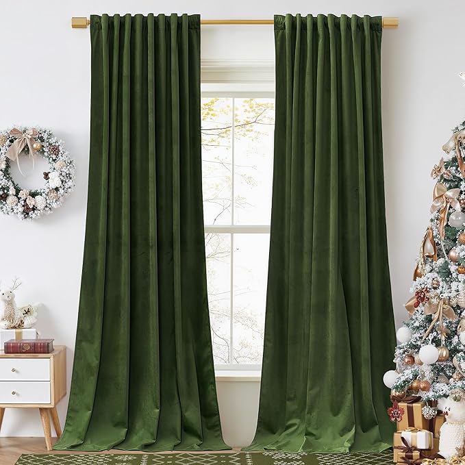 StangH Moss Green Velvet Curtains 120 inches Long, Light Blocking Privacy Sliding Door Covering Christmas Home Decoration Backdrop Curtains, W52 x L120, 2 Panels