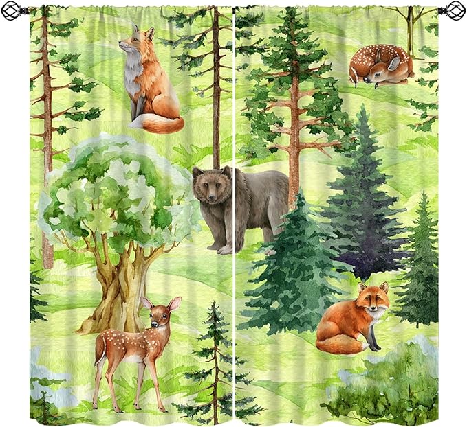 Woodland Animal Curtains, Watercolor Jungle Animals Fox Bear Pattern Blackout Window Treatments, Rod Pocket Thermal Insulated Drapes 2 Panel Sets for Kids Bedroom Nursery Classroom, 42" W X 63" L