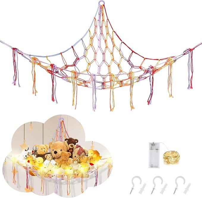 Stuffed Animal Hammock with LED Light, Large Stuffed Animals Storage Corner Plushie Net for Kids Room Decor, Jumbo Rainbow
