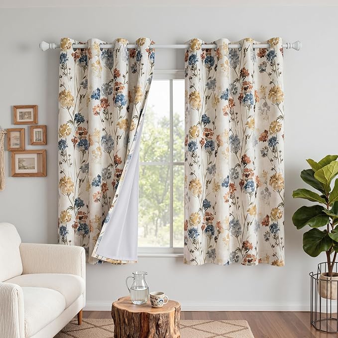 MYSKY HOME Floral 100% Blackout Linen Curtains 72 Inches Long 2 Panels Set for Bedroom Living Room Farmhouse Flower Pattern Double Layer Thermal Insulated Grommet Drapes, Yellow, 52" Wide Each Panel
