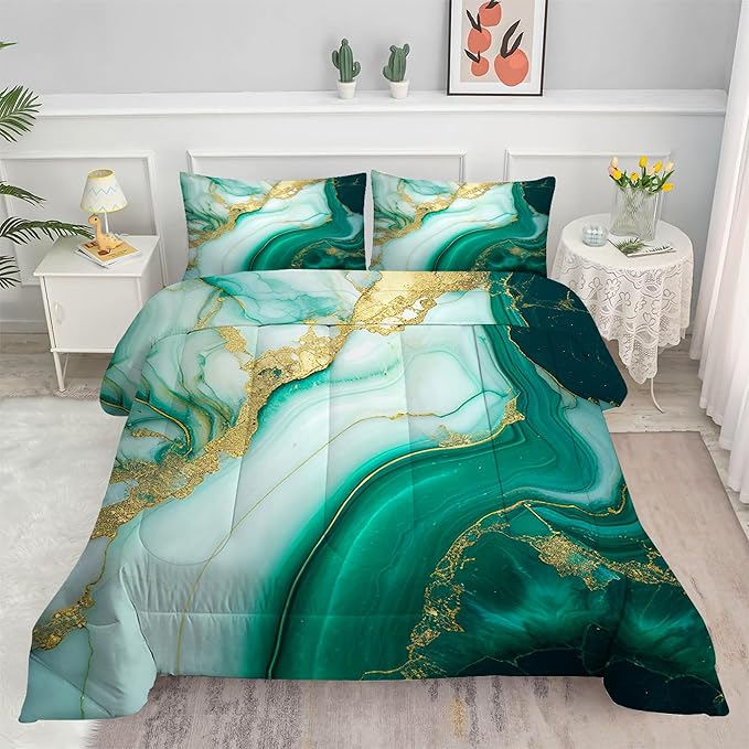 Comforter Set Green Marble: Full Size Emerald Green Gold Bedding Set for Teen Girls Kids Adults Abstract Turquoise Watercolor Marbling Quilt Bed Sets 1 Comforter & 2 Pillowcases