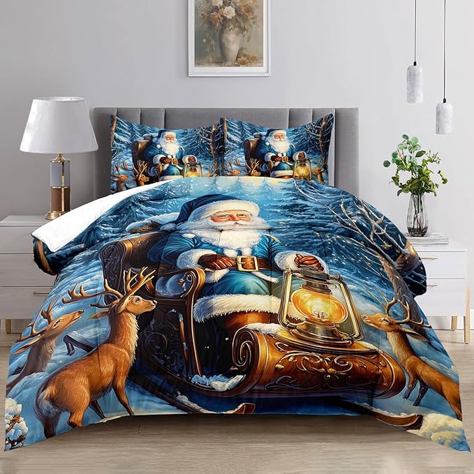 Raphus cucullatus Christmas Bedding King,Christmas Comforter Set,Santa Claus Decor Holiday Bedding Winter Quilt,Santa Claus Comforter Set,Snowflake Navidad Quilt Set,Cute Reindeer Quilt