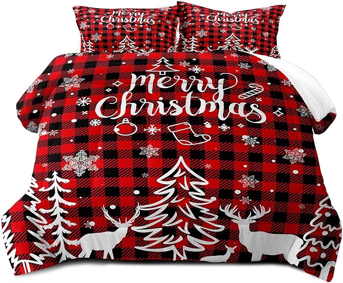 LUVIVIHOME 3PCS Christmas Comforter Set Full Size, Plaid Bedding, Red and Black Buffalo Check Snowflake Forest Deer Merry Christmas Bedroom Decor, Soft Microfiber Quilt, Xmas Gifts, 2 Pillow Cases