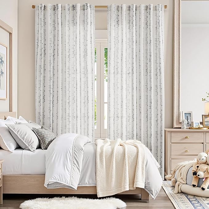 jinchan Linen Nursery Curtains for Living Room Boho Curtains for Bedroom Kids Room 96 Inches Long Geometric Printed Farmhouse Drapes Rod Pocket Window Treatment Curtain Set of 2 Panels Gray