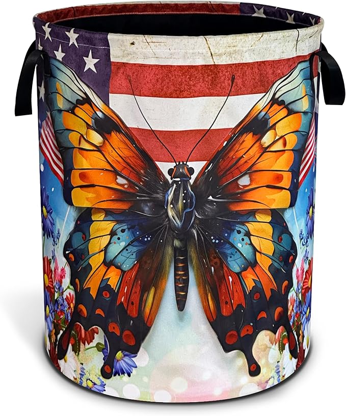 Vintage American Flag Butterfly Laundry Basket Flowers Oxford Cloth Laundry Hamper With Handle Foldable Portable Clothes Storage Basket 18.9 X 16.5 Inch Storage Bag For Laundry Room/Bathroom/Bedroom