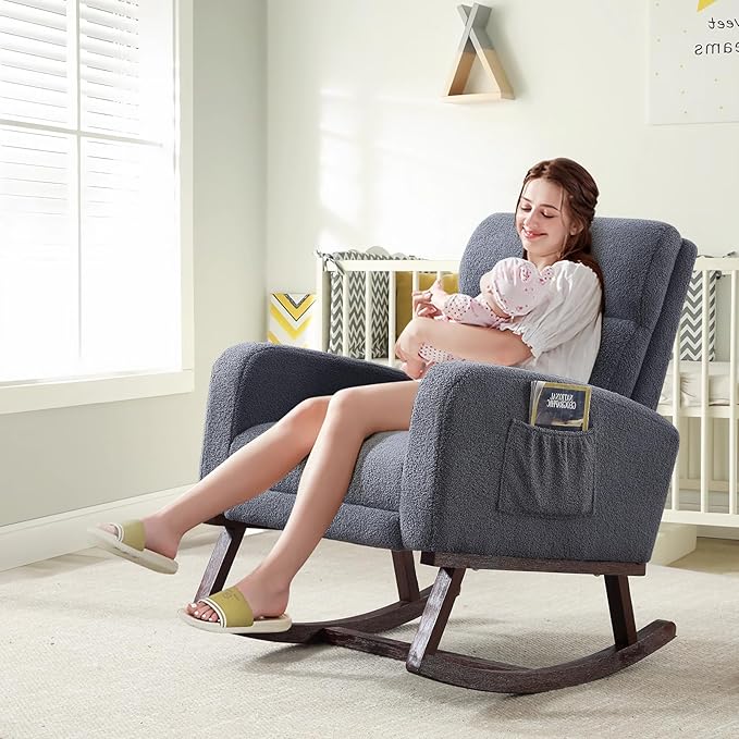 Rocking Chair Nursery with Foot Rest, Teddy Nursing Rocking Chairs for Mom Breastfeeding, Rocker Glider Chair with High Backrest for Living Room, Bedroom, Blue Grey