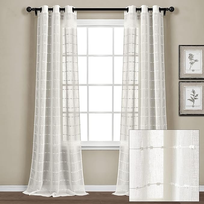 Lush Decor Farmhouse Textured Grommet Sheer Window Curtain Panel Pair, 38"W x 120"L, White
