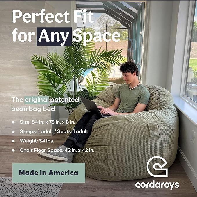CordaRoy's NEST Gaming Bean Bag Chair-Convertible Bean Bag Chair -Washable Chenille Cover with Pockets for Remote, Controllers-for Living Room,Basement-Full Size-Moss|Made in The USA