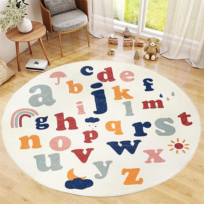 ABC Round Rug,5ft,Children's Educational Learning Area Rug, Colorful Alphabet Kindergarten Area Rug, Soft Fluffy Faux Cashmere Baby Crawling Mat for Living Room, Bedroom, Children's Room
