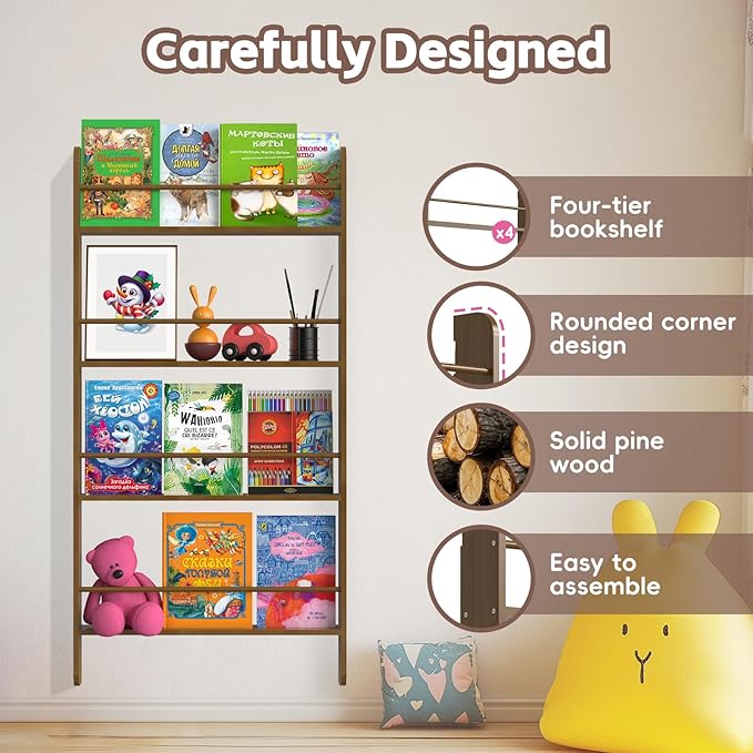 Solid Wood Montessori Wall-Mounted Kids Bookshelf - 4-Tier Book Display for Nursery, Bedroom, and Living Space - Natural Pine Wood (Dark Walnut)