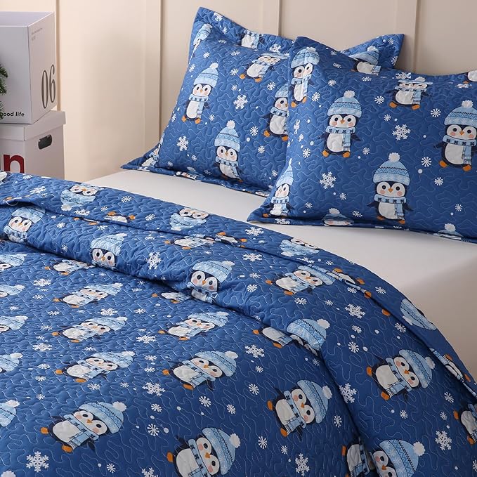 JSD 3 Pcs Kids Christmas Quilt Set Full/Queen, Blue Penguin Christmas Theme Bedding, Soft Microfiber Bedspread Coverlet Holiday Quilted Blanket