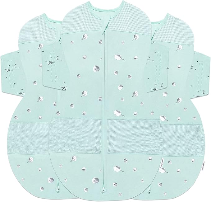 Happiest Baby SNOO Sleep Sack - 100% Organic Cotton Baby Swaddle Blanket - Doctor Designed Promotes Healthy Hip Development - 3-Pack Bundle (Teal Planets, S, M, L)