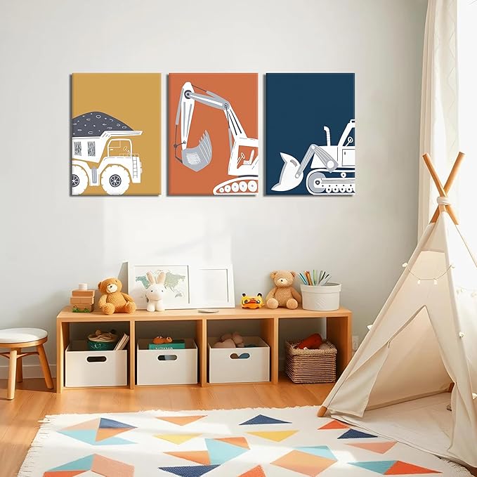 AKWISH Framed Nursery Construction Truck Wall Art Set of 3 – Cute Excavator Tractor Dump Truck Canvas Prints, Boys Bedroom and Baby Room Wall Decor, Playroom Vehicle Artwork – 12x16in