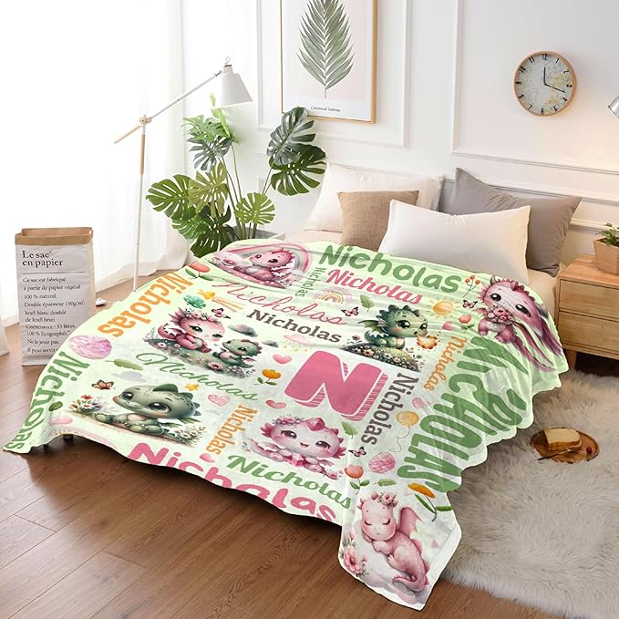 Personalized Custom Dragon Floral Blanket Gifts for Kids Boys Girls with Name - Customized Dragon Floral Super Soft Lightweight Flannel Sheets Decor for Crib Nap Couch - 60"x80" for Adult