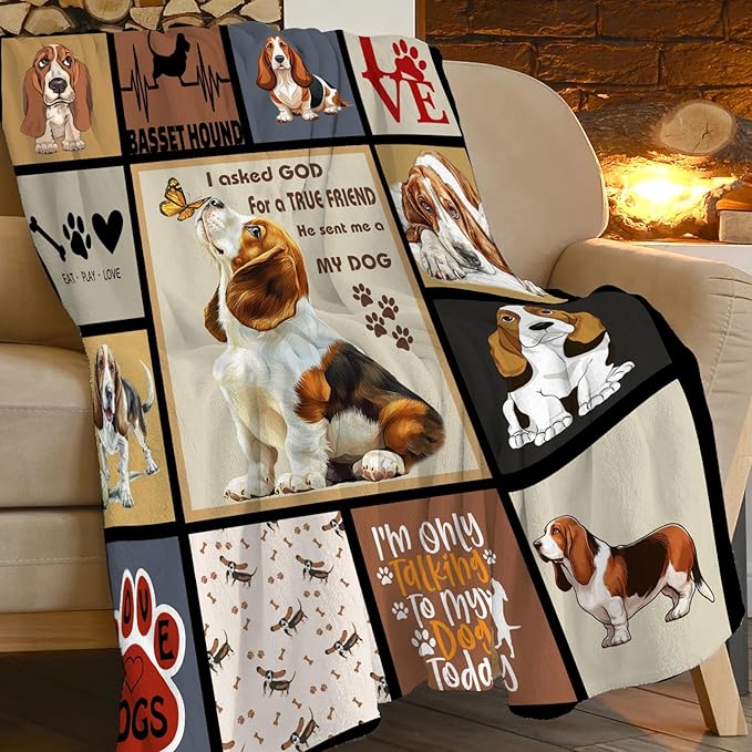Cute Basset Hound Blanket Basset Hounds Throw Blankets Gifts for Girls Boys Cozy Warm Soft Flannel Throws Plush Stuffed Animal Funny Pet Dog Fleece Blanket DecorGifts for Men Women 50"x40"