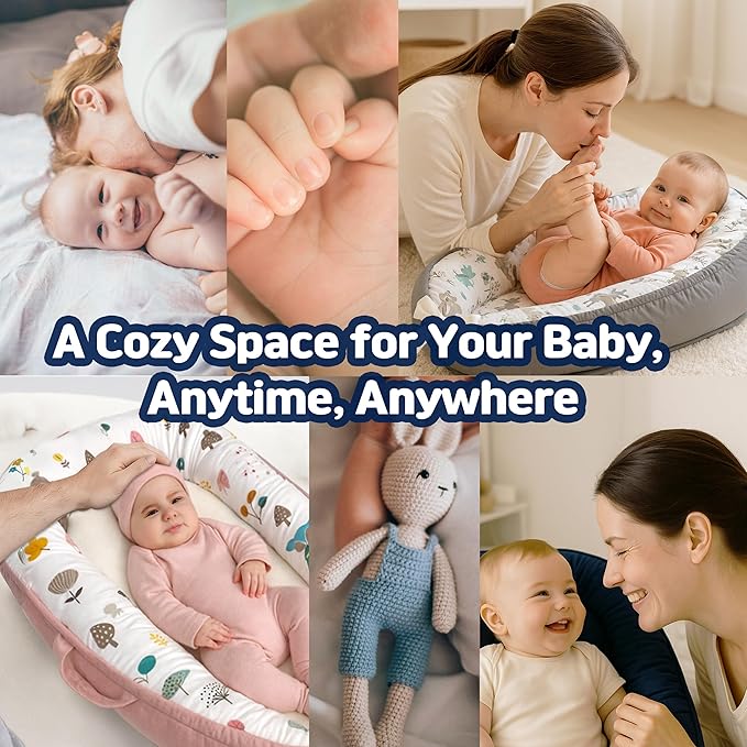 Baby Lounger for Newborn 0–24 Months, Baby Pillow & Baby Nest Lounger, Organic Cotton Breathable Infant Pillow, Portable Baby Nest for Home & Travel (Grey)