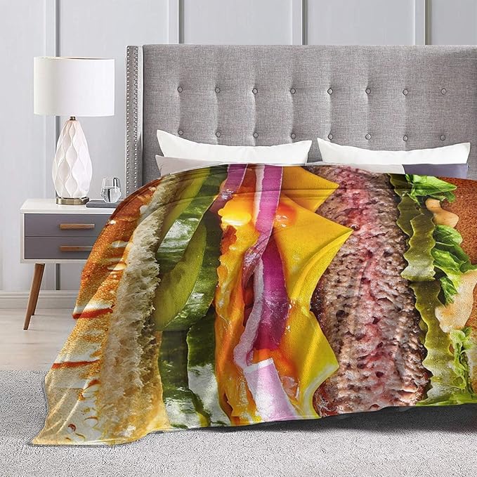 Hamburger Blanket for Girls Boys Funny Food Burger Throw Blankets Soft Cozy Warm Fuzzy Fleece Cheese Beef Pickles Bedding Flannel Throws Stuff Gifts for Kids Men Women Bedroom Decor 60"x50"