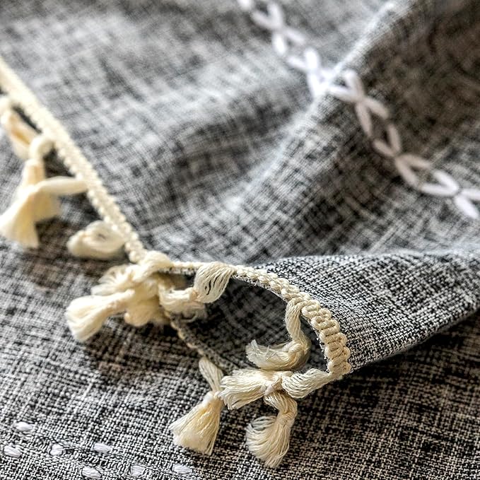 Deeprove Sheer Boho Curtains 63 inches Length for Cafe Closet Kitchen, Vintage Bohemian Embroidery Farmhouse Light Filter Privacy Country Tassel Window Treatments, W52 x L63,Dark Coal Grey 1 Panel